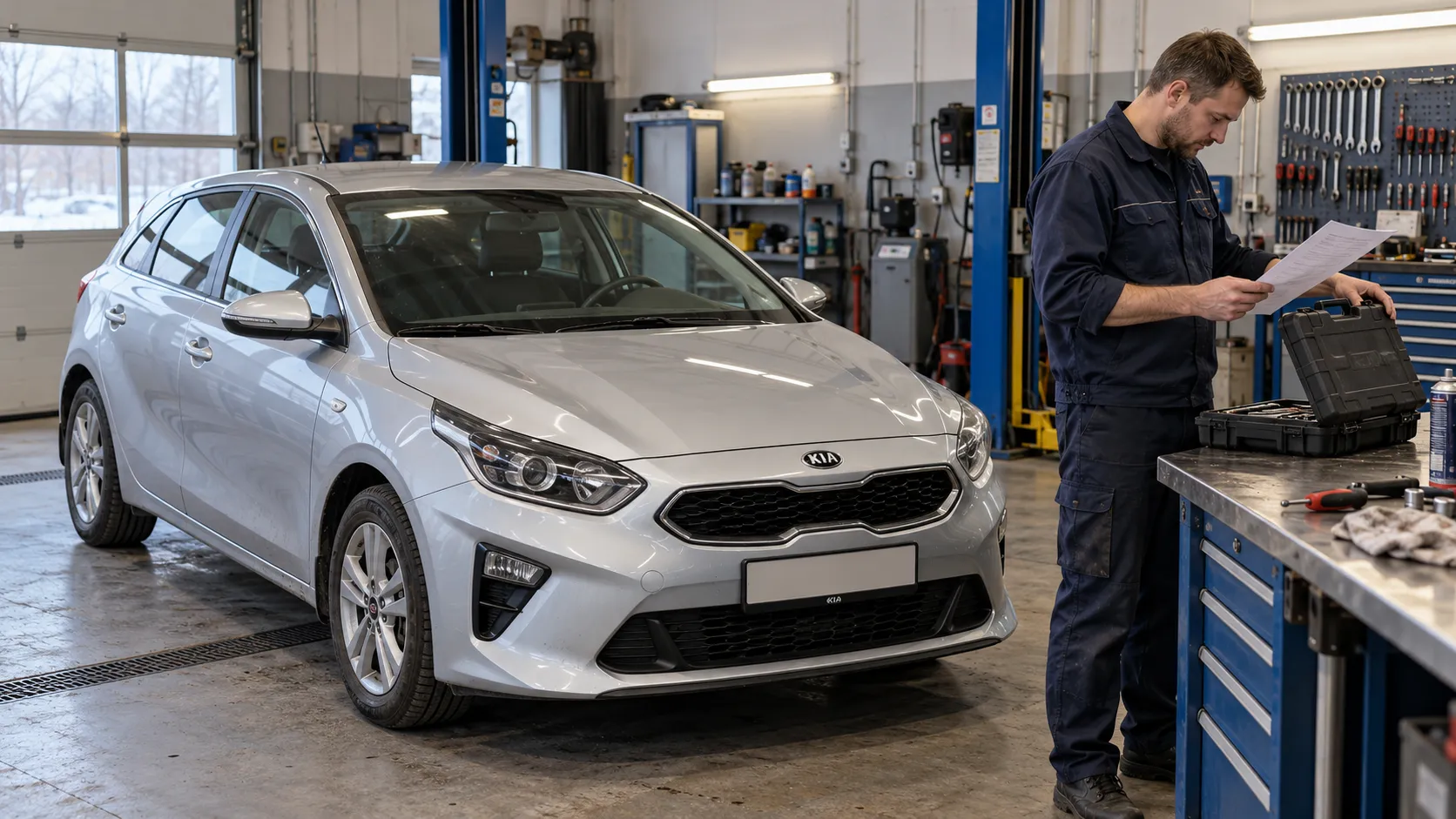 Kia Ceed CD и механик при подготовке к обслуживанию сцепления