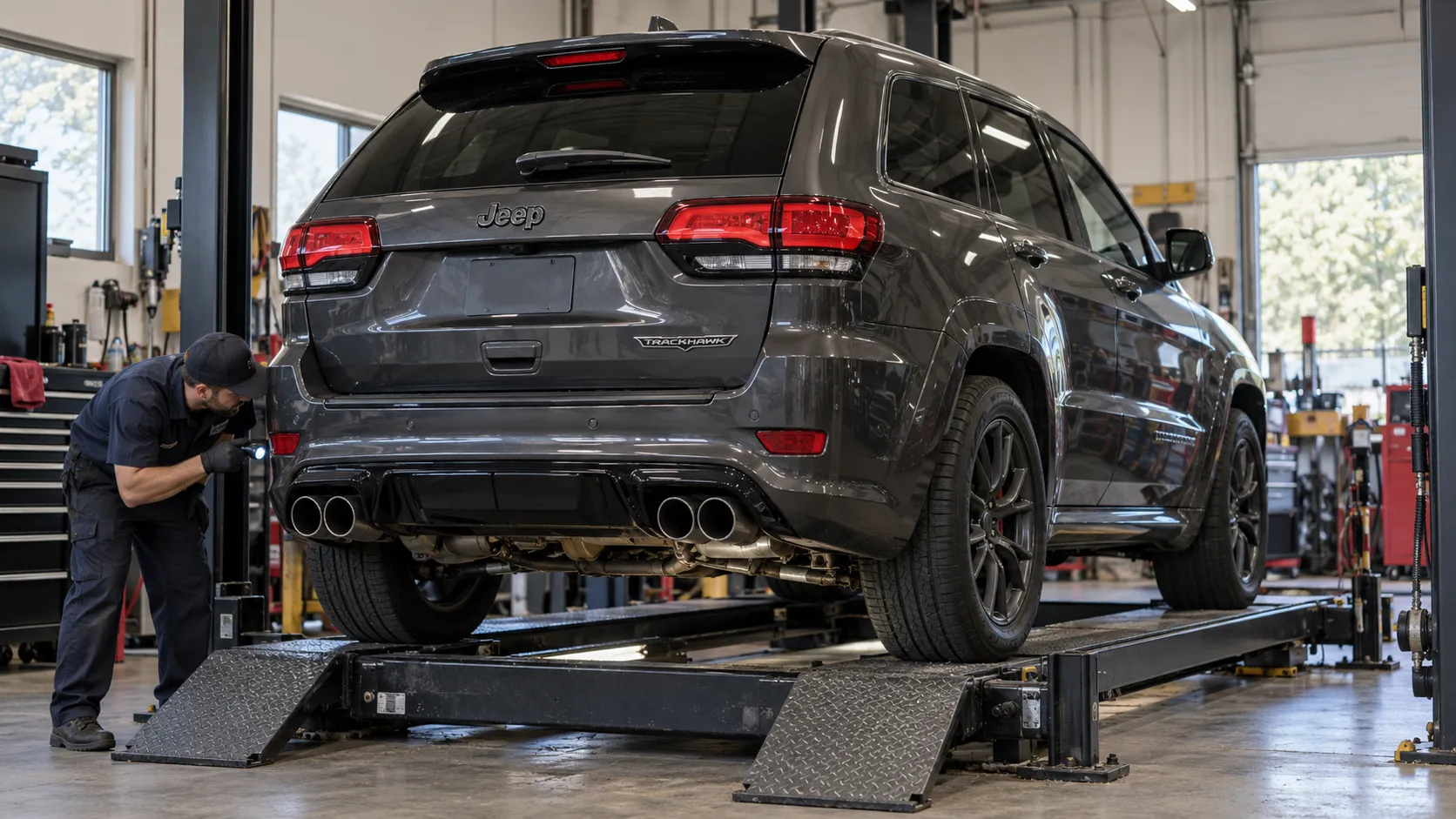 Мастер осматривает заднюю часть Grand Cherokee Trackhawk на сервисной платформе