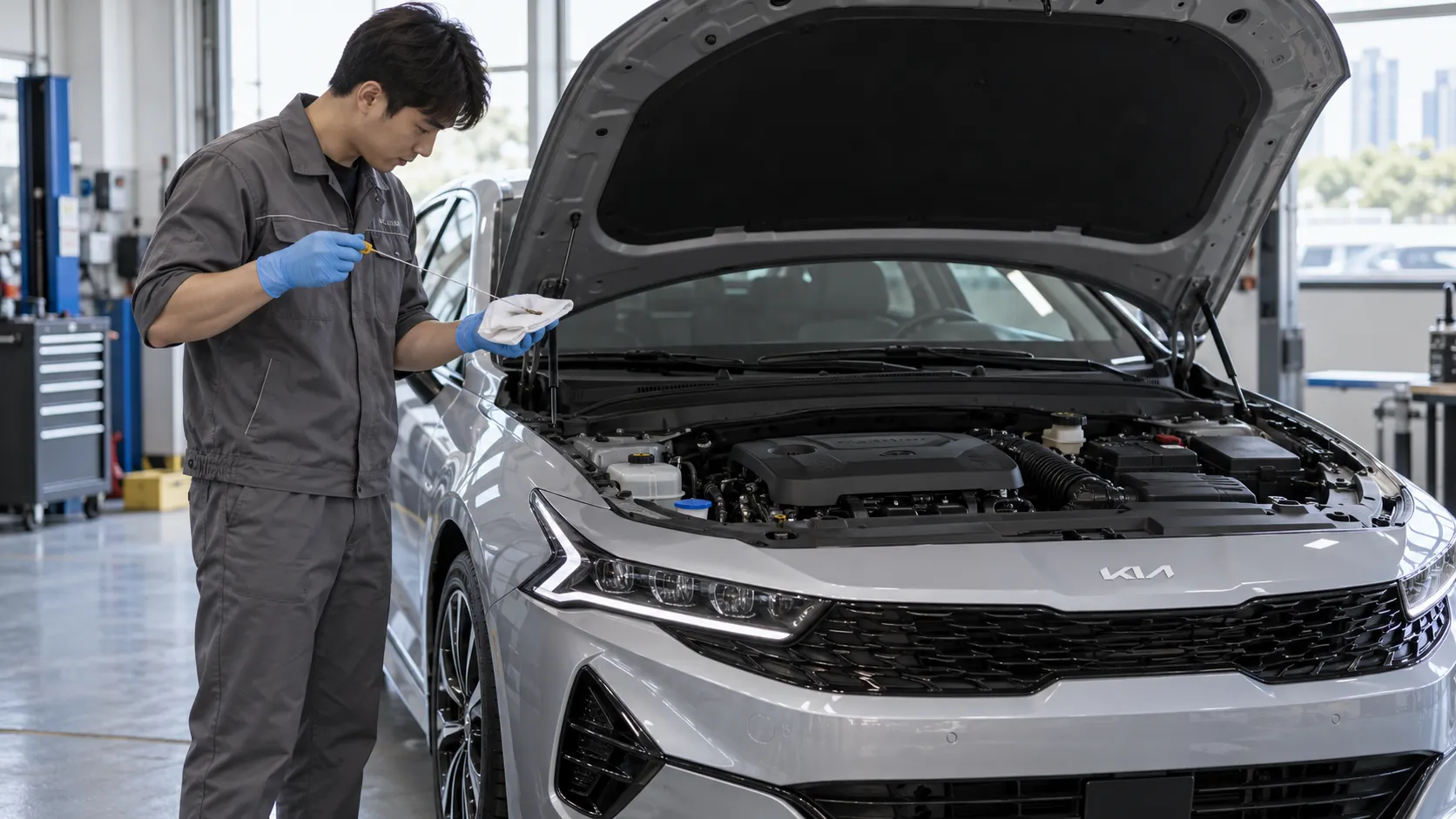 Механик проверяет масляный щуп Kia K5 над чистой салфеткой