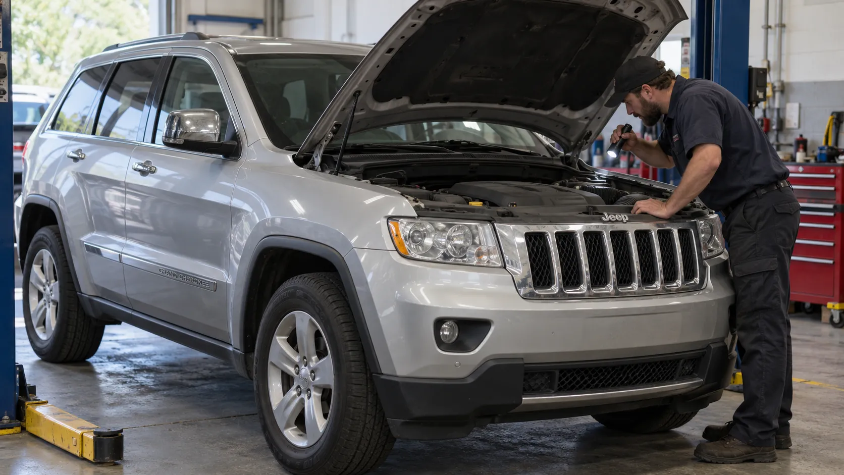 Мастер с фонарём осматривает моторный отсек раннего Jeep Grand Cherokee WK2