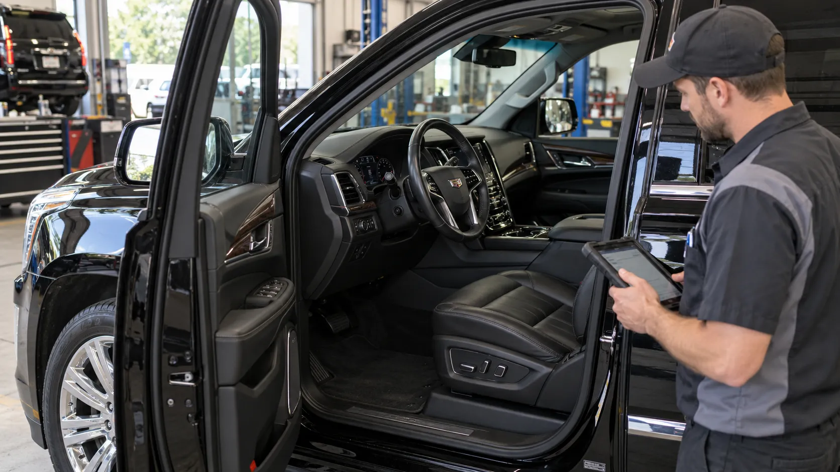 Механик с планшетом возле открытой водительской двери Cadillac Escalade и водительского кресла