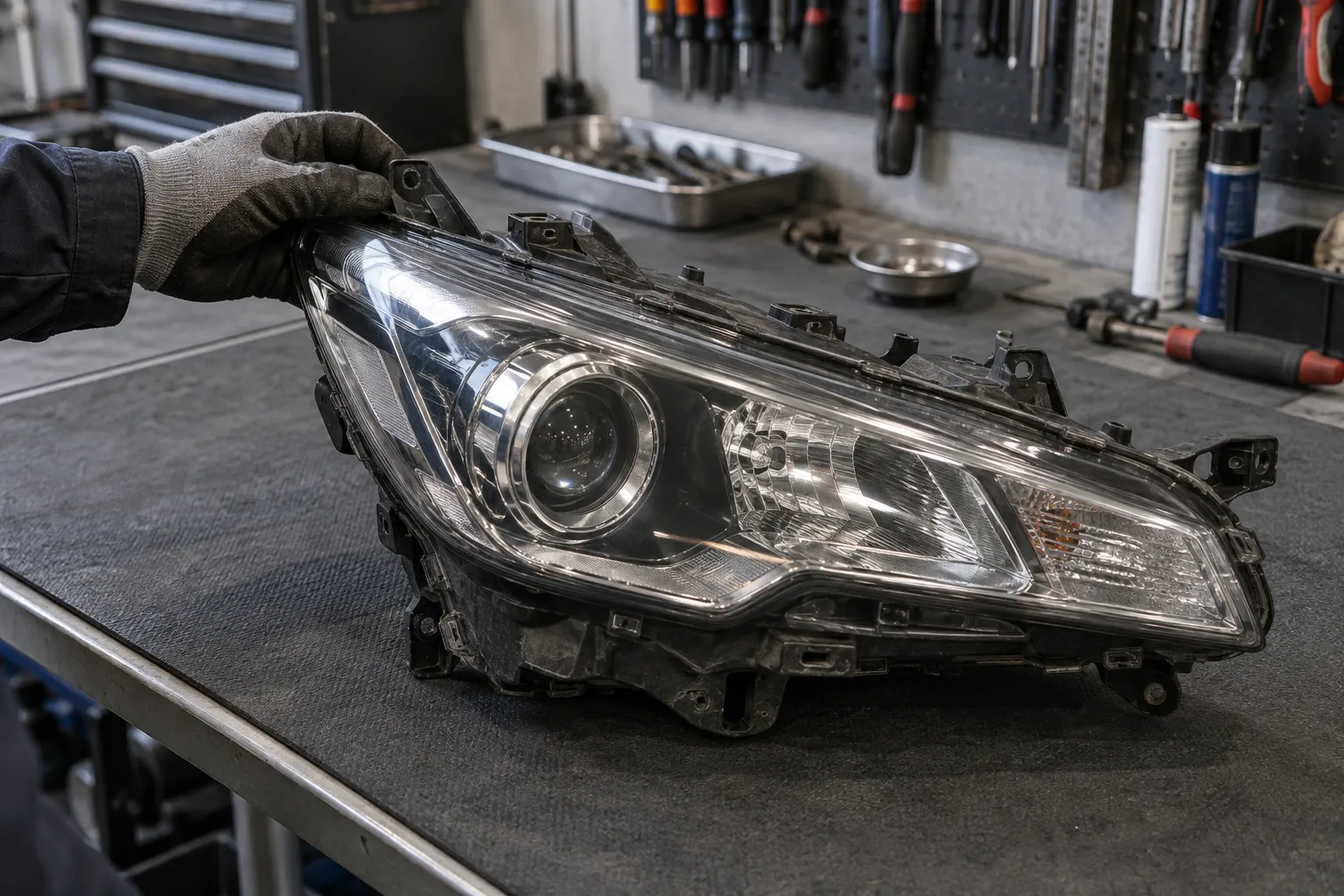 Снятая автомобильная фара с целым корпусом и линзовым модулем на столе мастерской