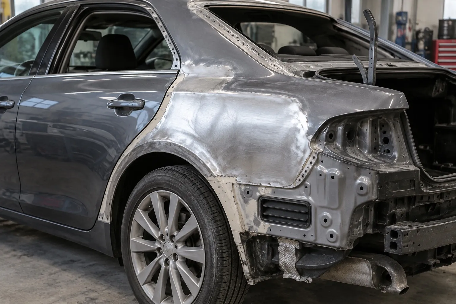 Автомобиль на кузовном посту с подготовленной зоной замены заднего крыла и открытой внутренней аркой