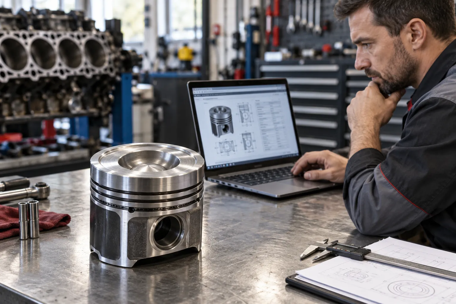 Мастер изучает каталог рядом с поршнем на верстаке