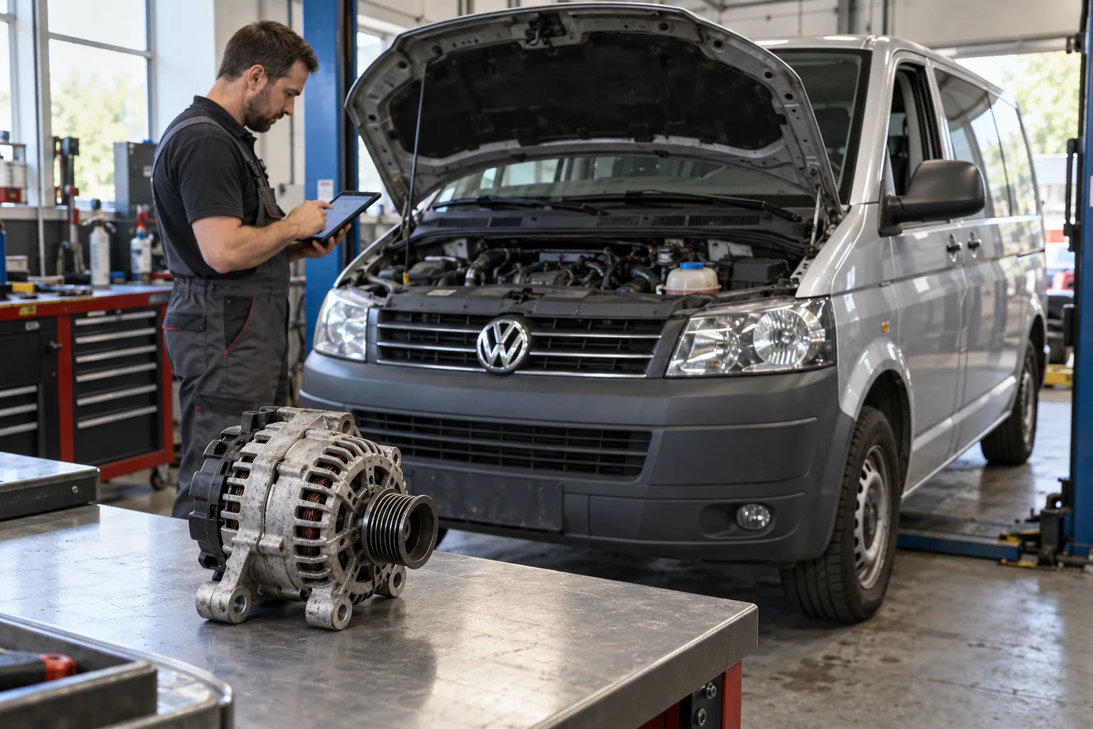 Генератор на верстаке и проверка каталога деталей возле Volkswagen Transporter