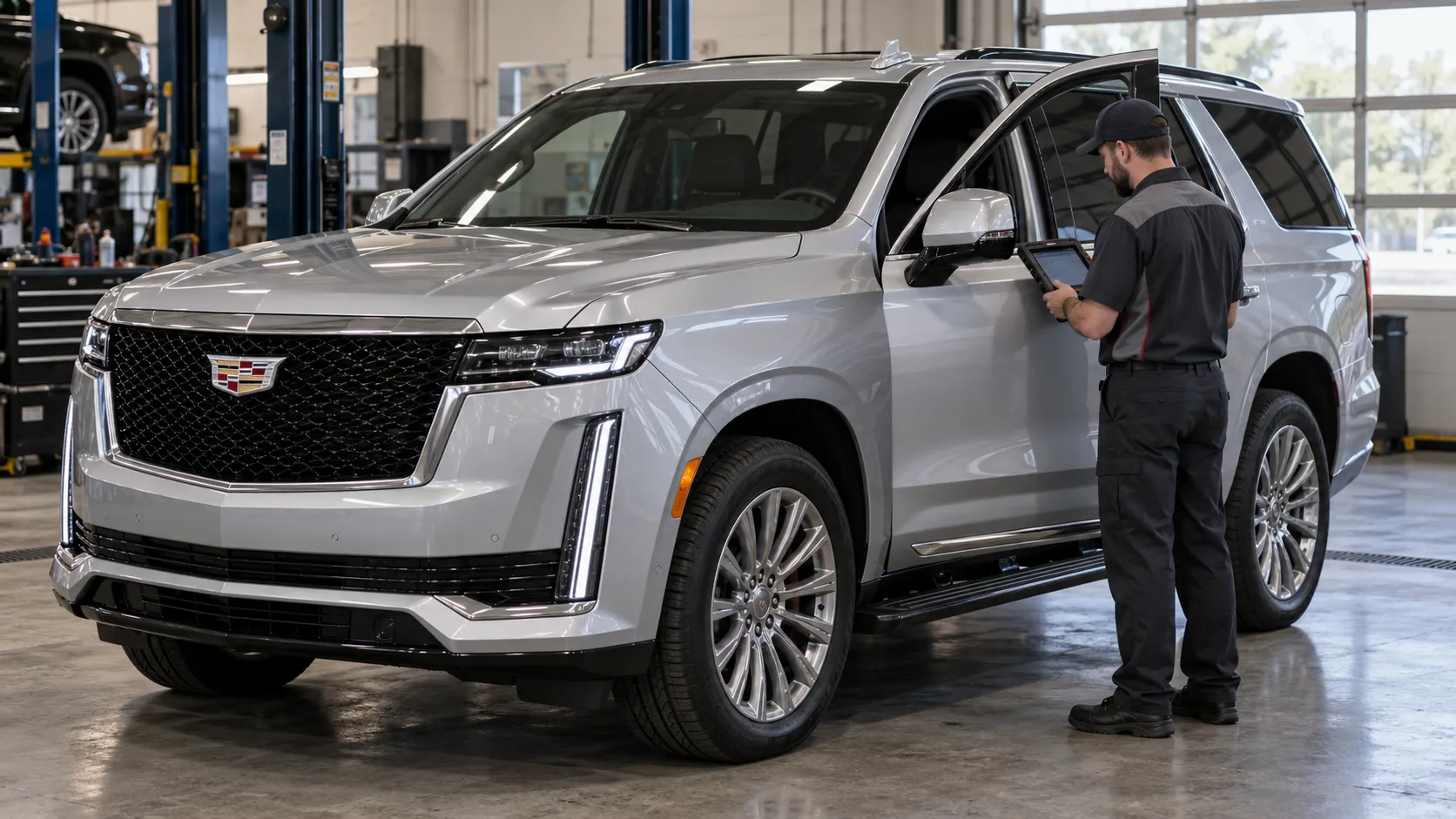 Автоэлектрик с диагностическим планшетом у открытой двери Cadillac Escalade пятого поколения