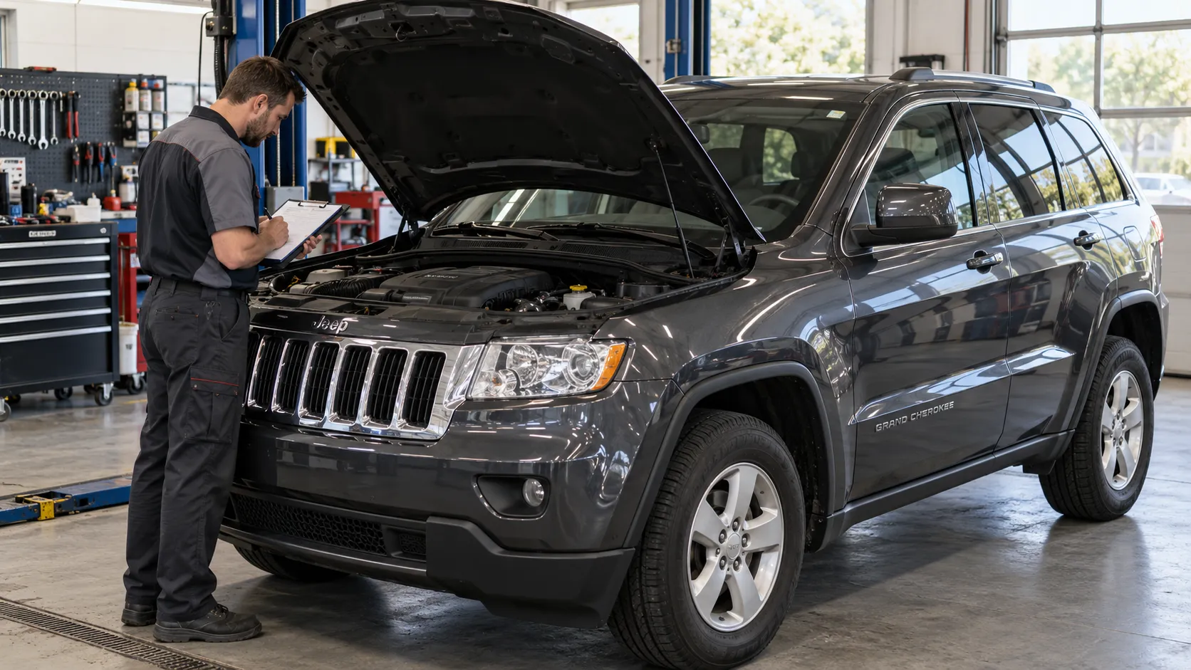 Осмотр Grand Cherokee WK2 с открытым капотом в мастерской