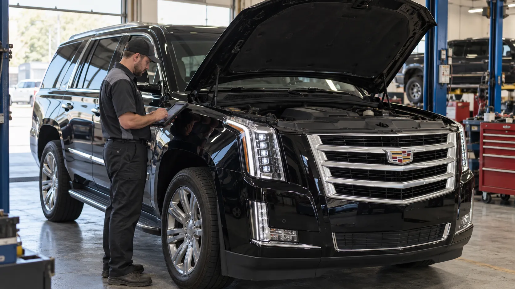 Механик с планшетом возле чёрного Cadillac Escalade четвёртого поколения с открытым капотом