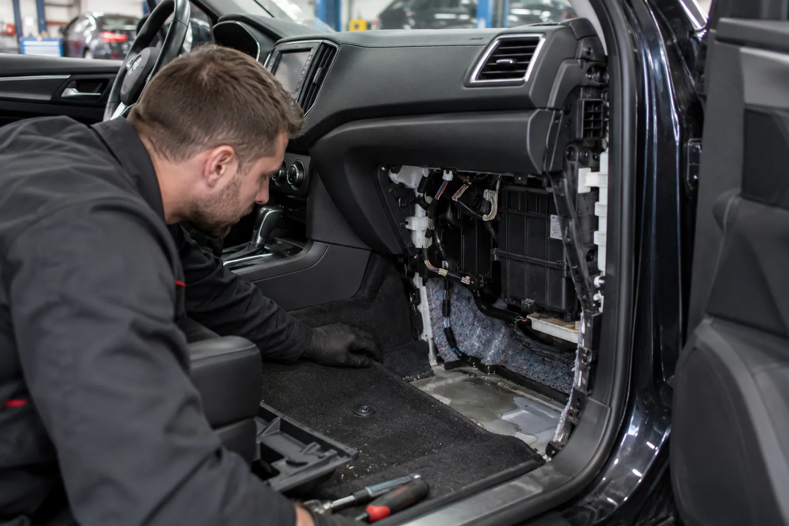 Осмотр передней зоны пола автомобиля при снятой боковой накладке консоли