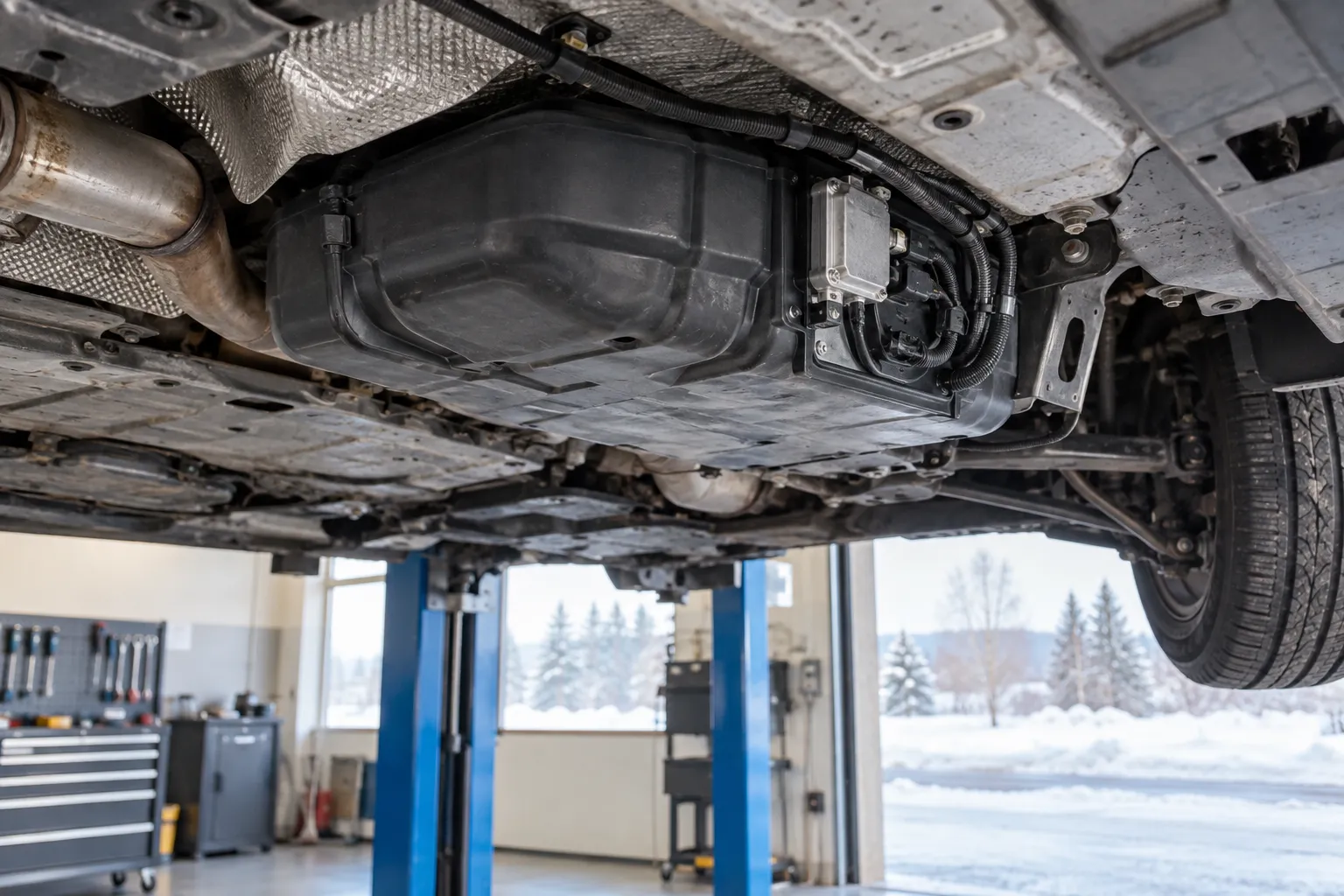 Бачок AdBlue под днищем дизельного автомобиля на подъёмнике в холодном цехе