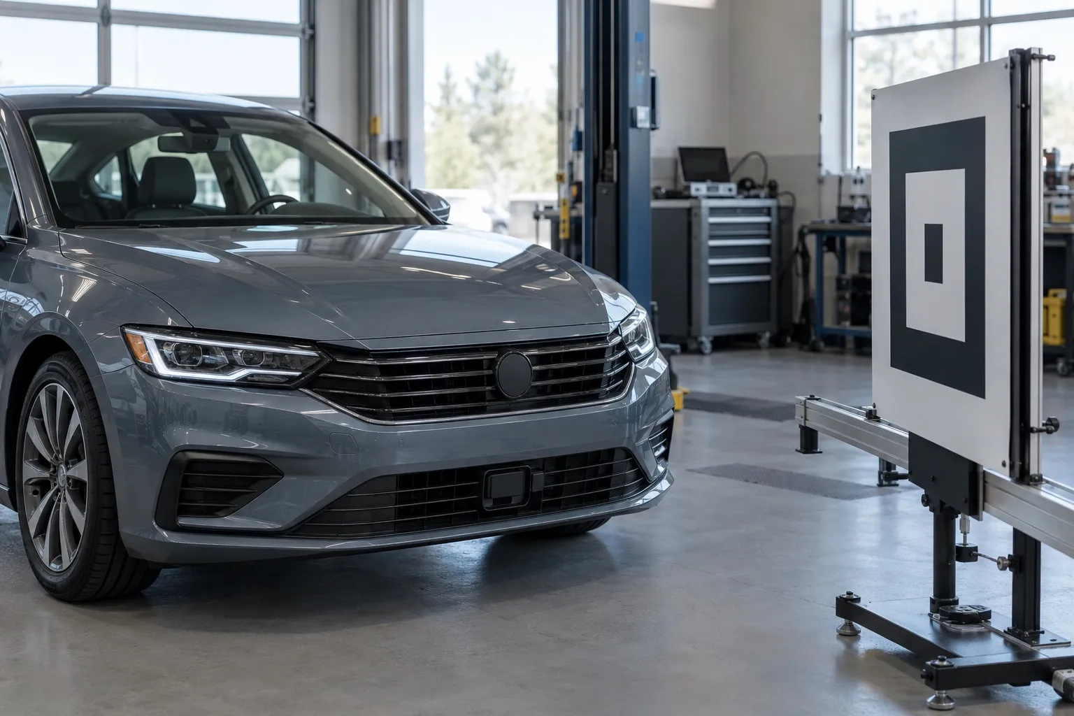 Автомобиль с камерой и радаром на посту диагностики ADAS