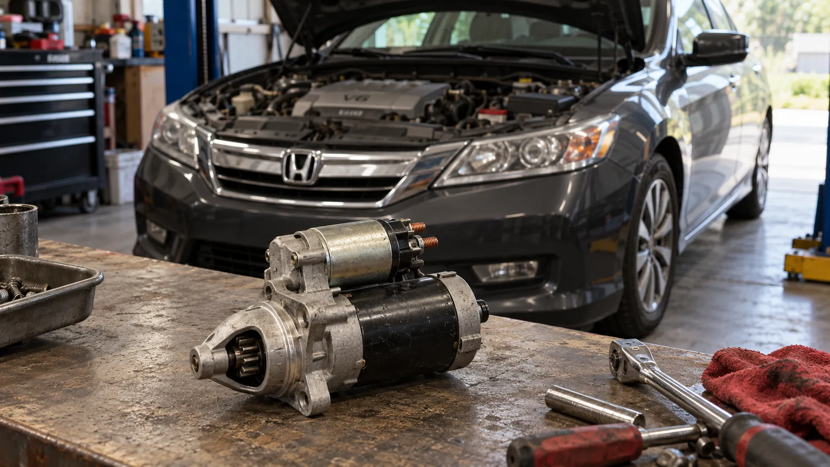 Снятый стартер на рабочем столе возле Honda Accord