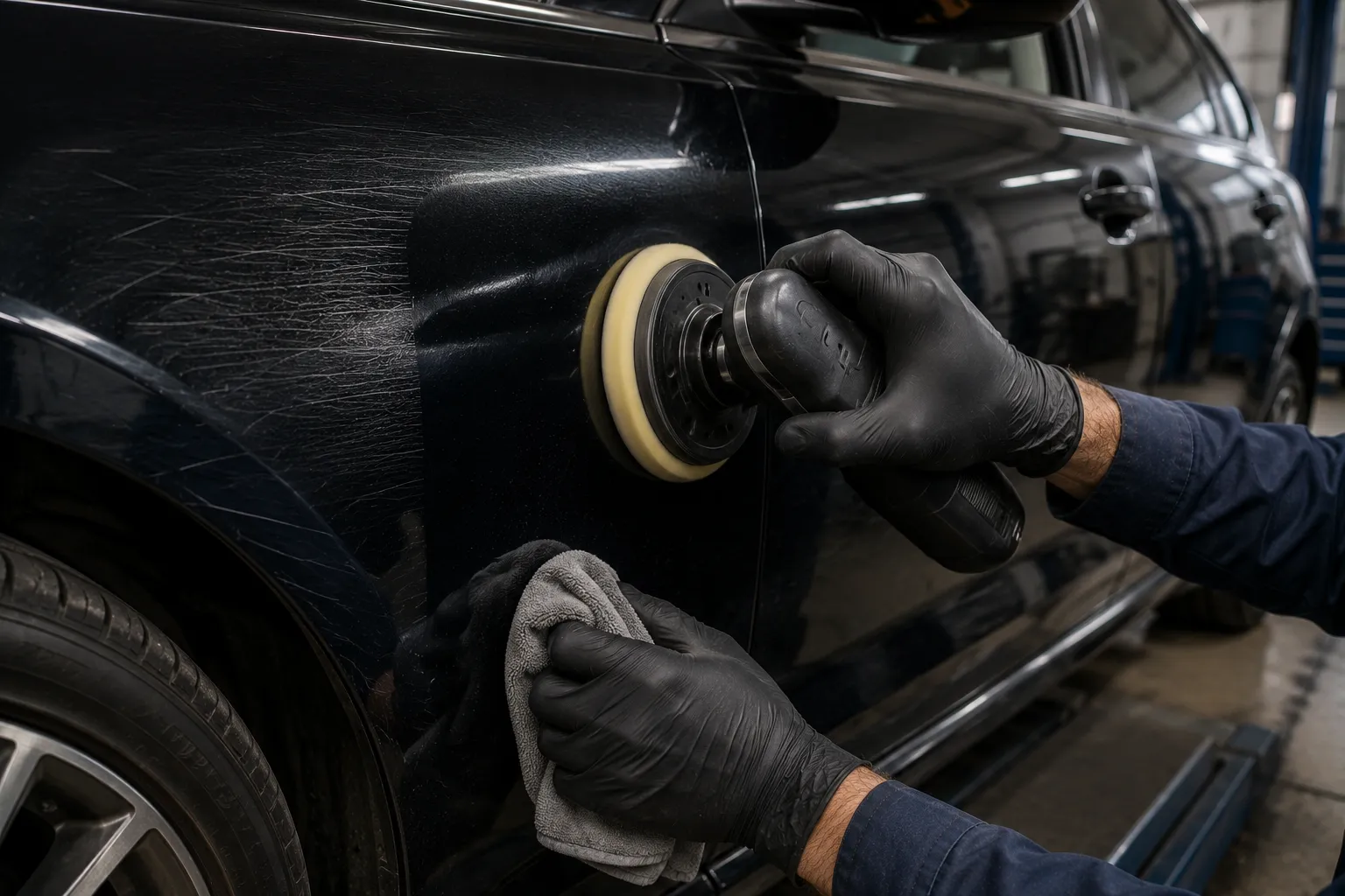 Удаление мелких царапин полировкой с кузова автомобиля в автосервисе Домодедово