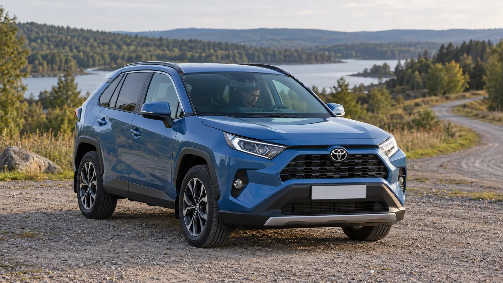 Toyota RAV4 XA50 остановлен на ровной площадке возле грунтовой дороги; водитель смотрит на приборы