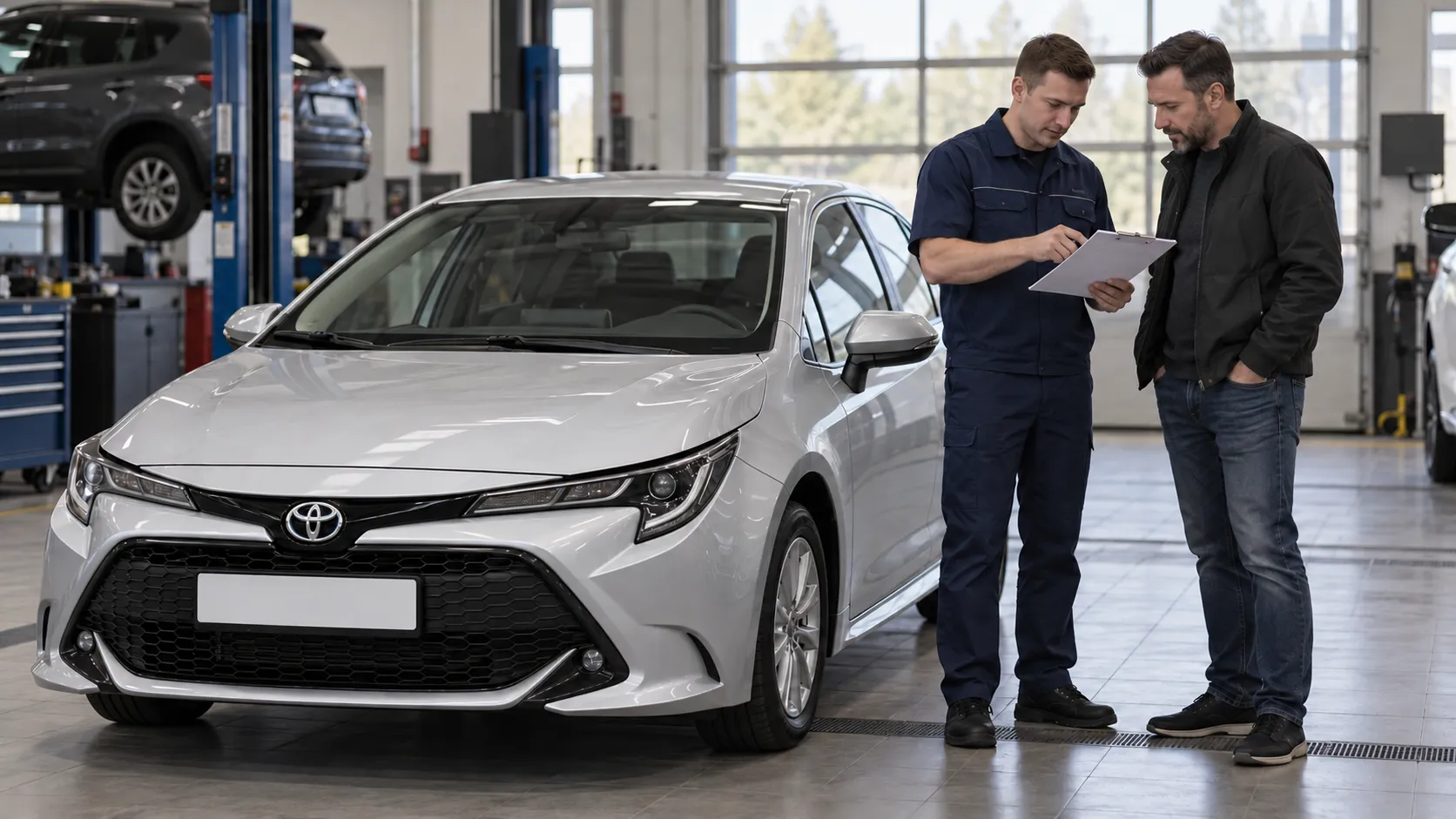 Владелец и специалист сверяют документы возле Toyota Corolla E210