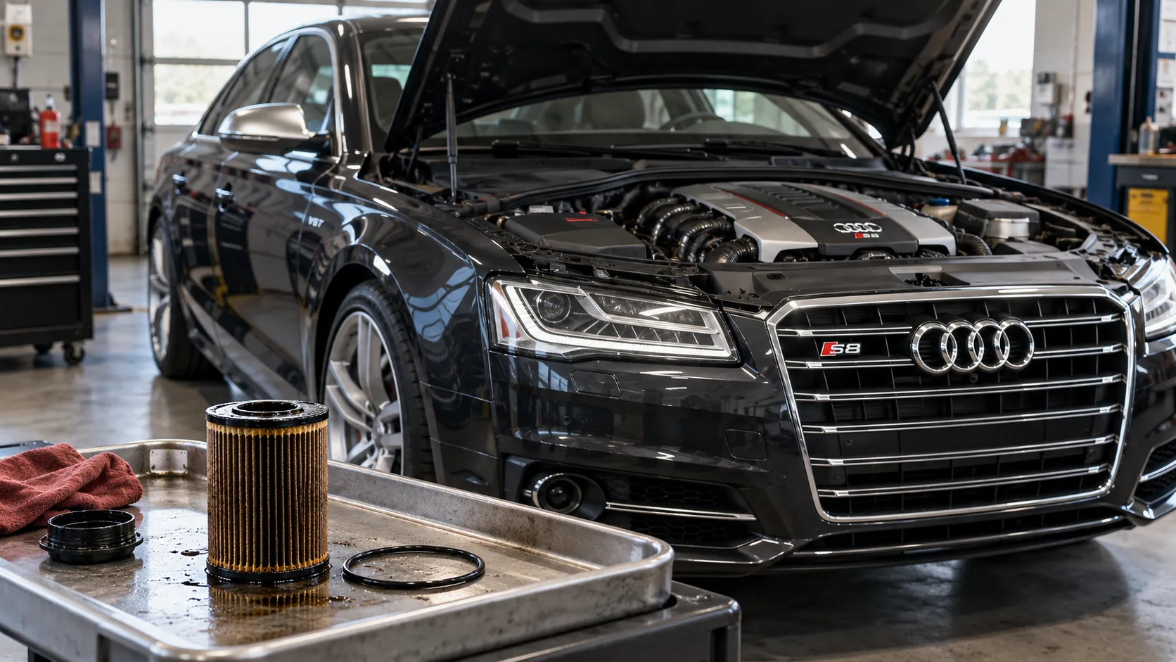 Масляный фильтр на подносе возле Audi S8 с открытым капотом