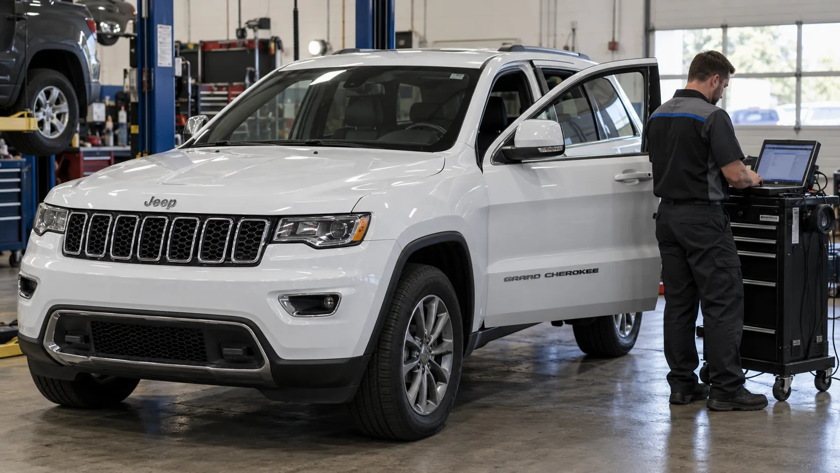 Мастер проверяет диагностические данные Grand Cherokee WK2 с помощью ноутбука