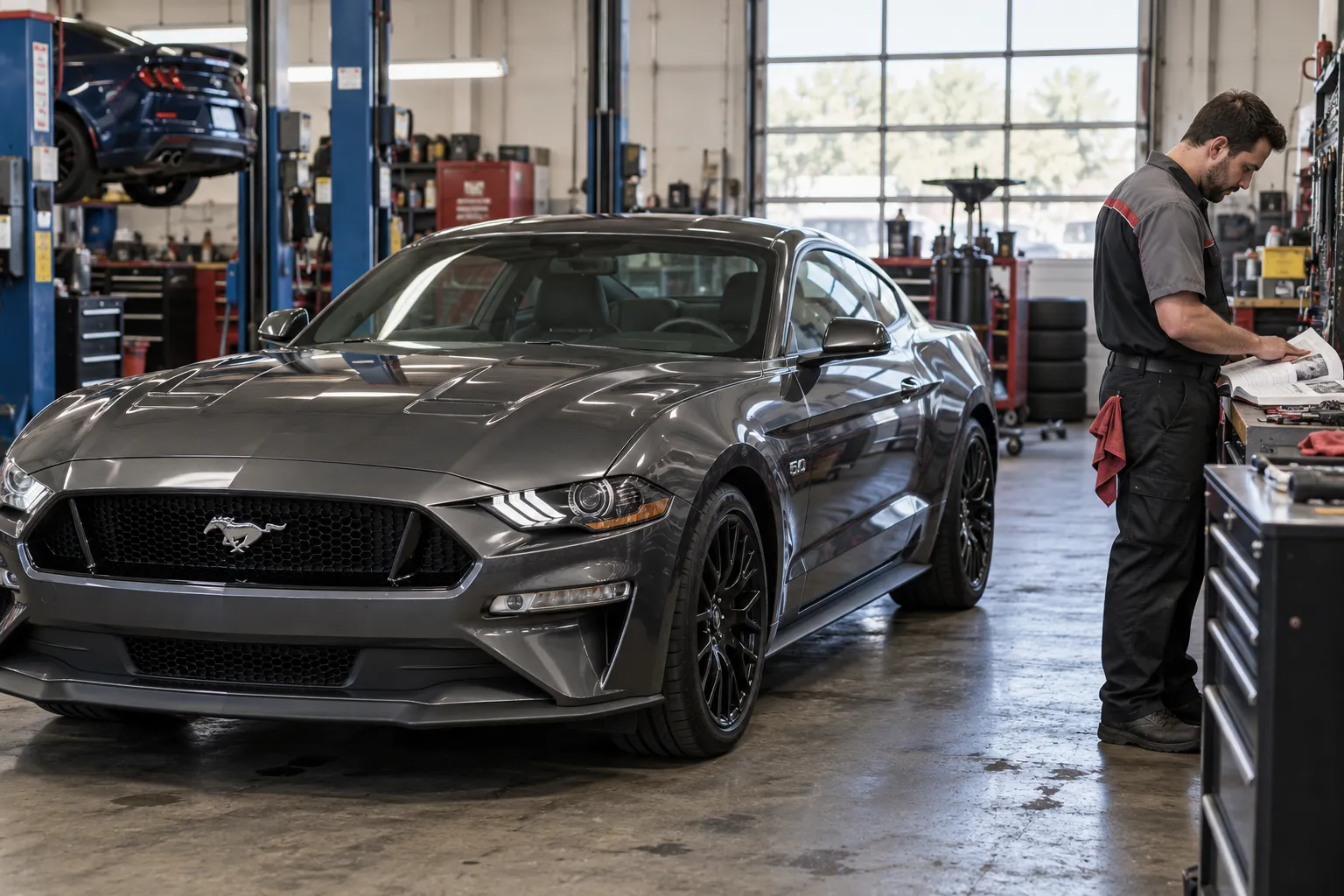 Ford Mustang в мастерской рядом с мастером и руководством