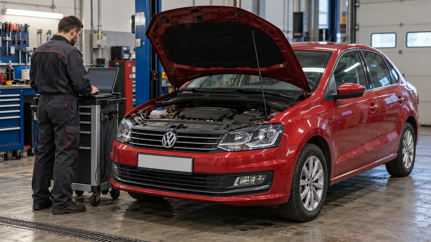 Volkswagen Polo 1.4 TSI в мастерской при диагностике привода турбокомпрессора