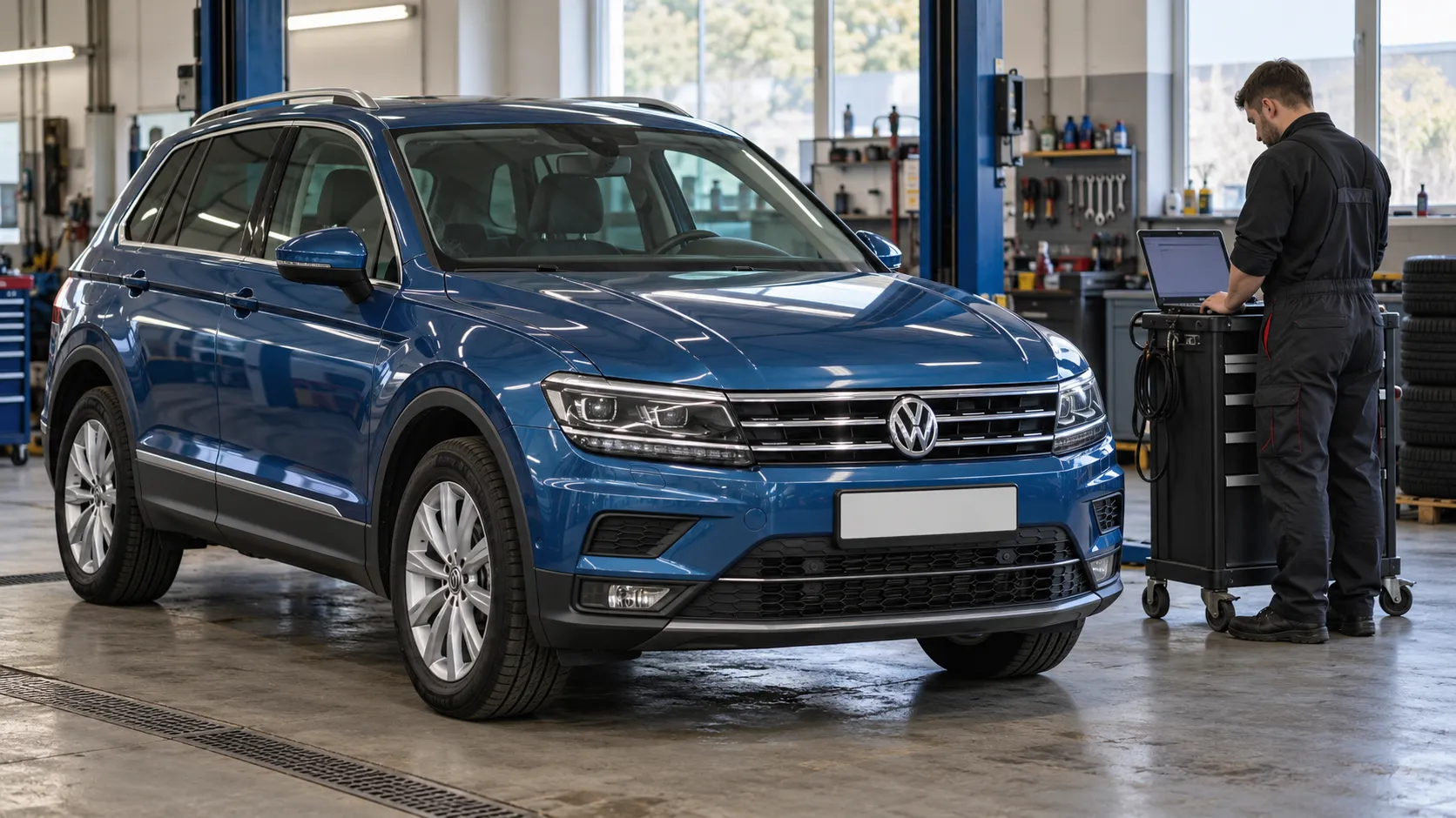 Volkswagen Tiguan II и механик у диагностического оборудования в сервисе