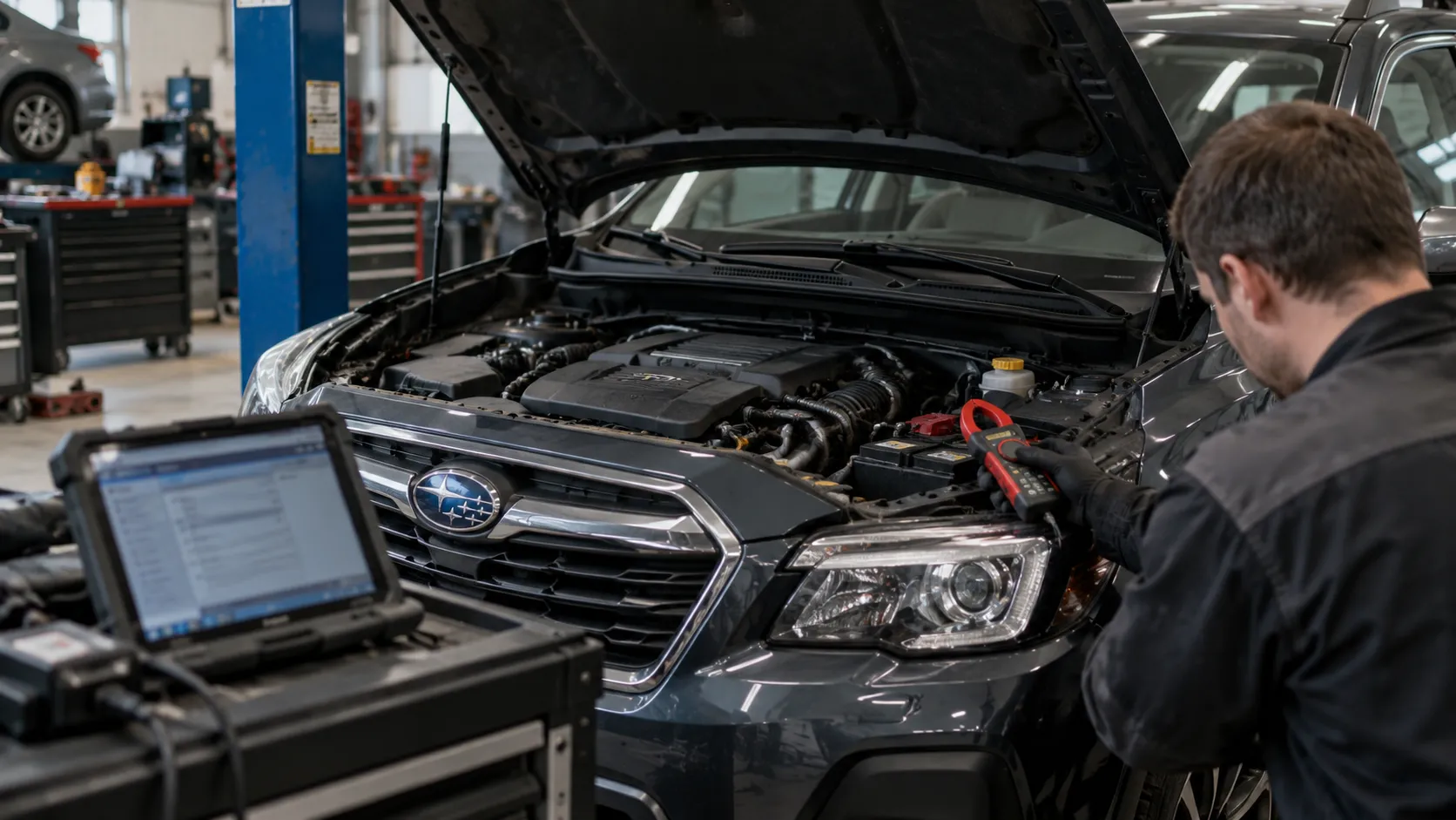 Проверка электрической системы Subaru рядом с аккумулятором