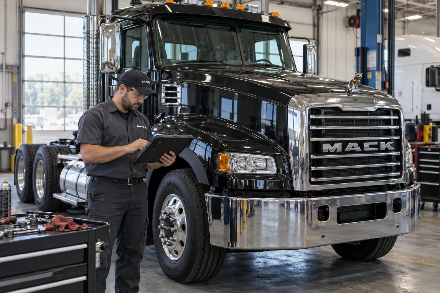 Мастер с диагностическим планшетом рядом с грузовиком Mack в сервисном боксе