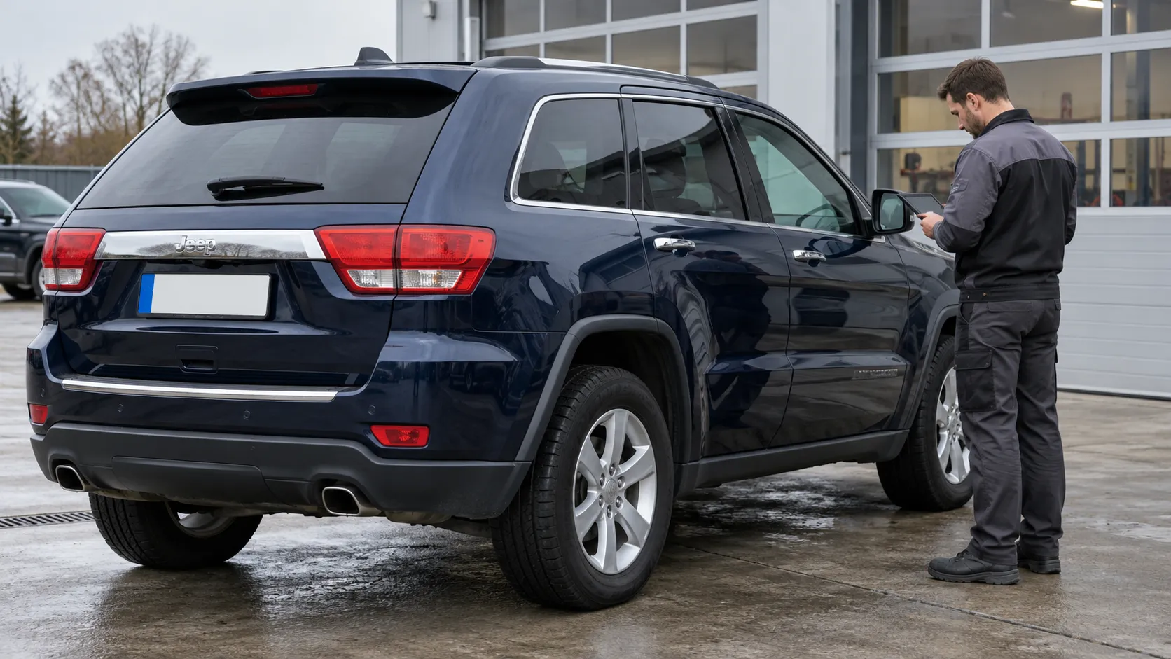 Специалист проверяет данные на планшете рядом с ранним Jeep Grand Cherokee WK2
