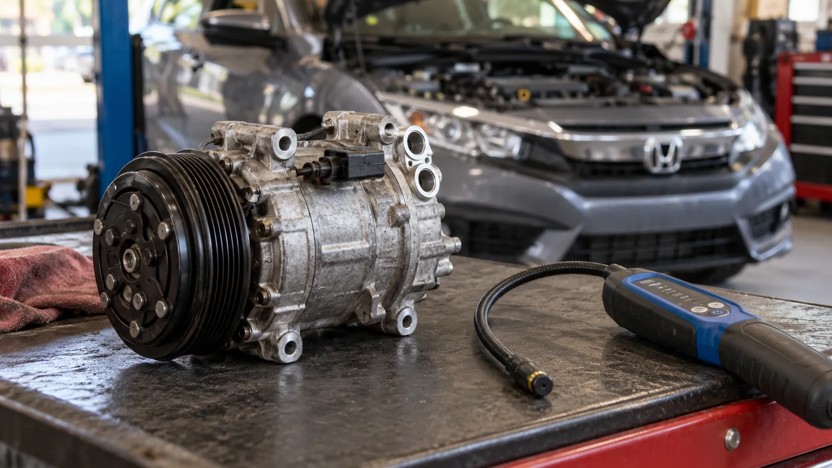 Компрессор кондиционера и прибор поиска утечки на верстаке возле Honda Civic