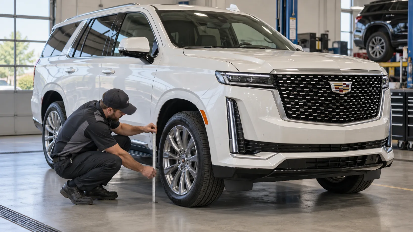 Внешний контроль положения кузова Cadillac Escalade пятого поколения на ровной площадке