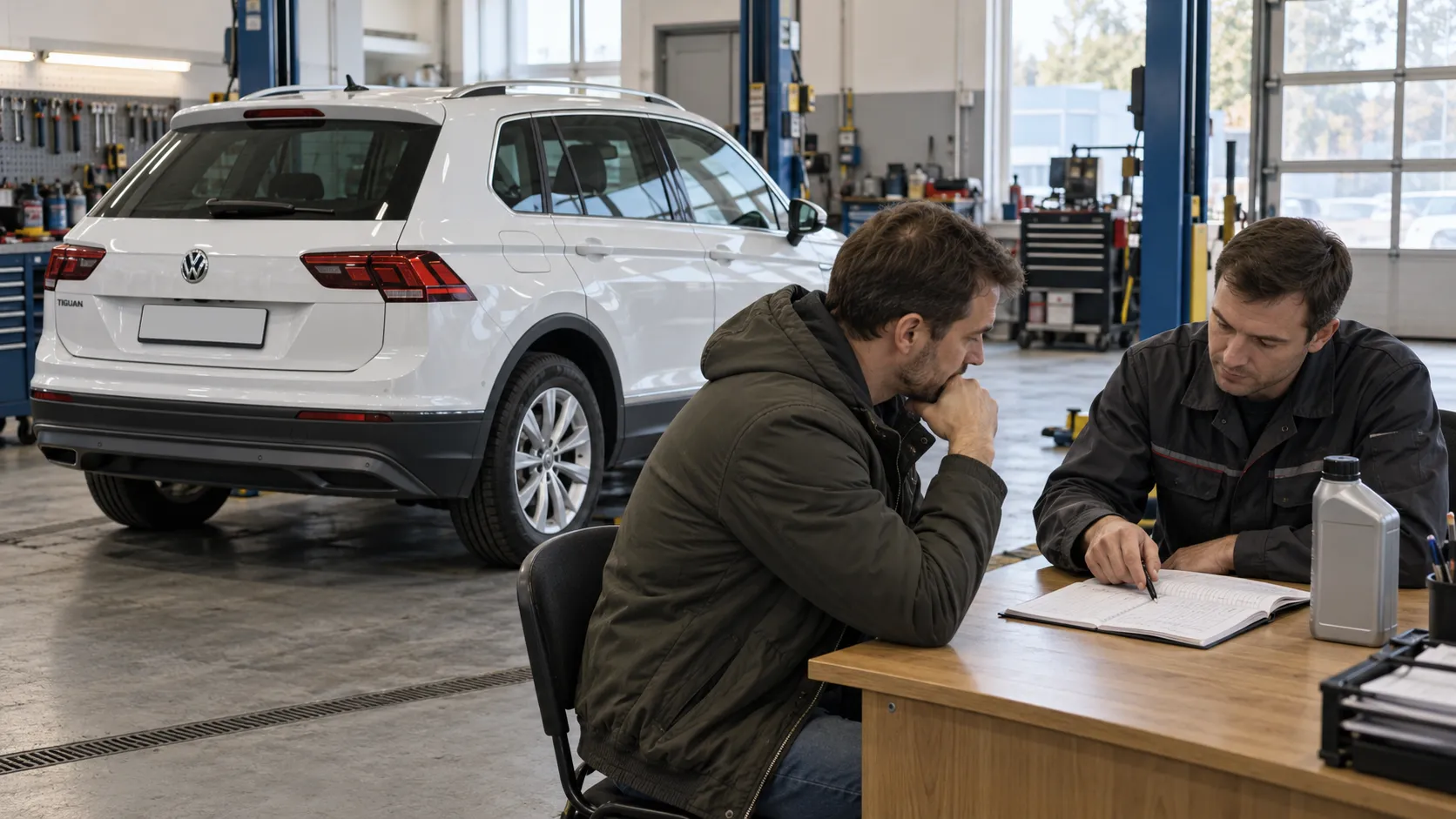 Владелец Tiguan II обсуждает с механиком записи расхода моторного масла