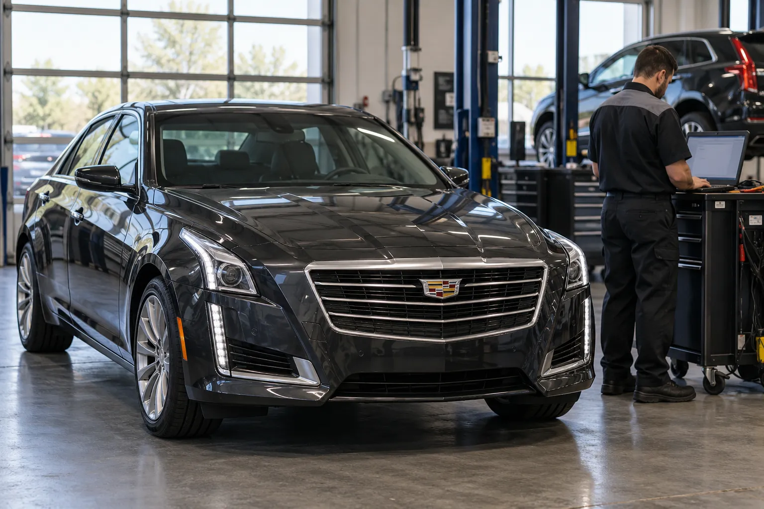 Cadillac в сервисном боксе рядом с диагностом