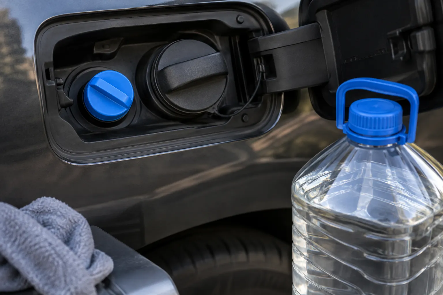 Синяя горловина бачка AdBlue автомобиля крупным планом без заливания жидкости