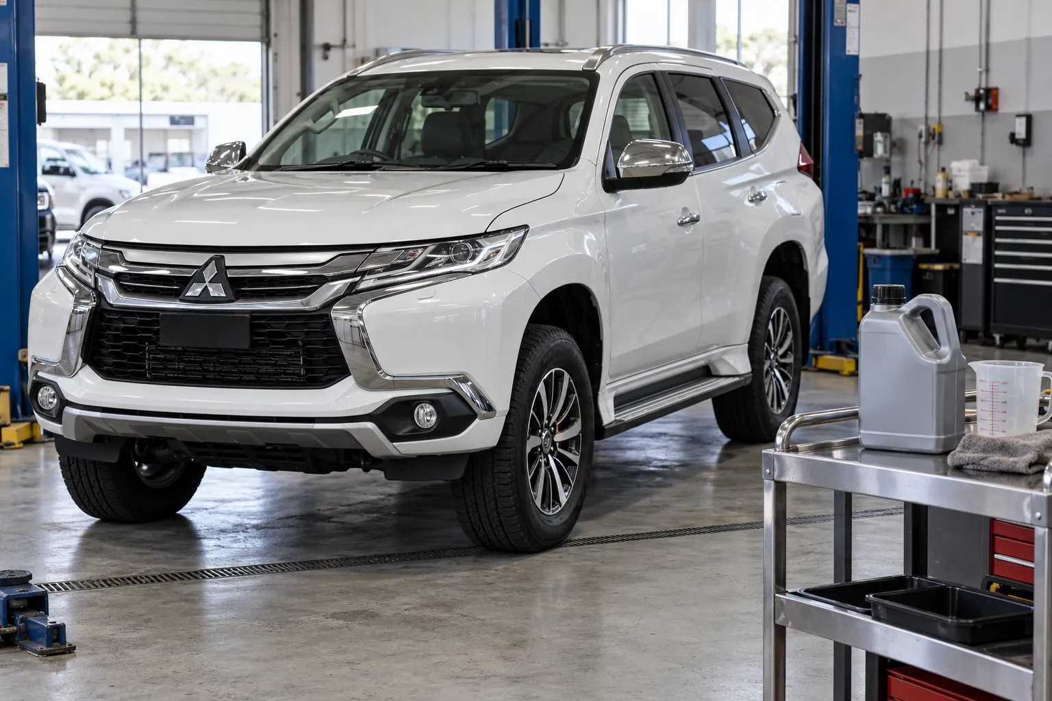 Mitsubishi Pajero Sport III в боксе для обслуживания трансмиссии