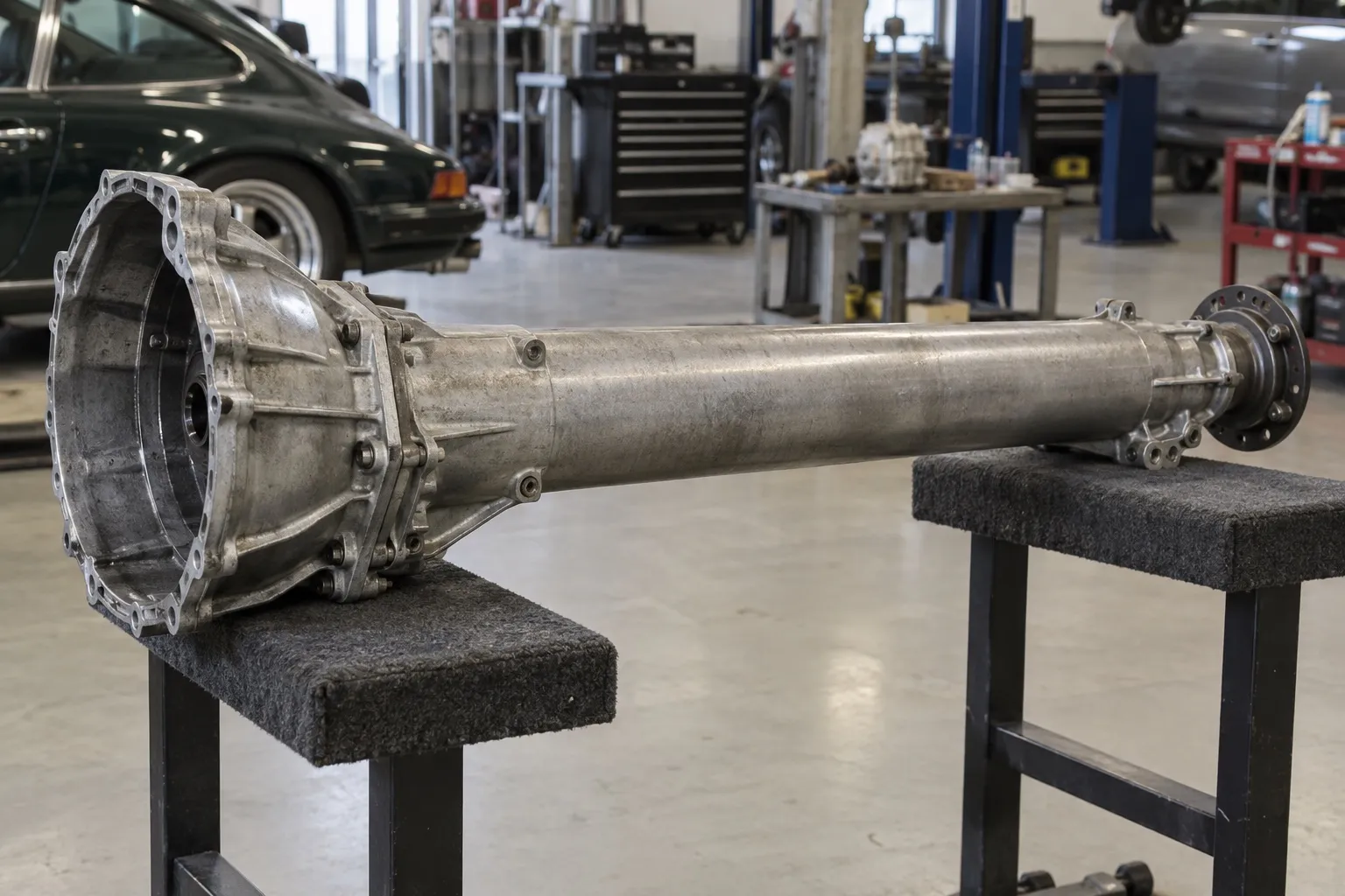 Снятая трансмиссионная труба Torque Tube с фланцами на устойчивых ремонтных опорах