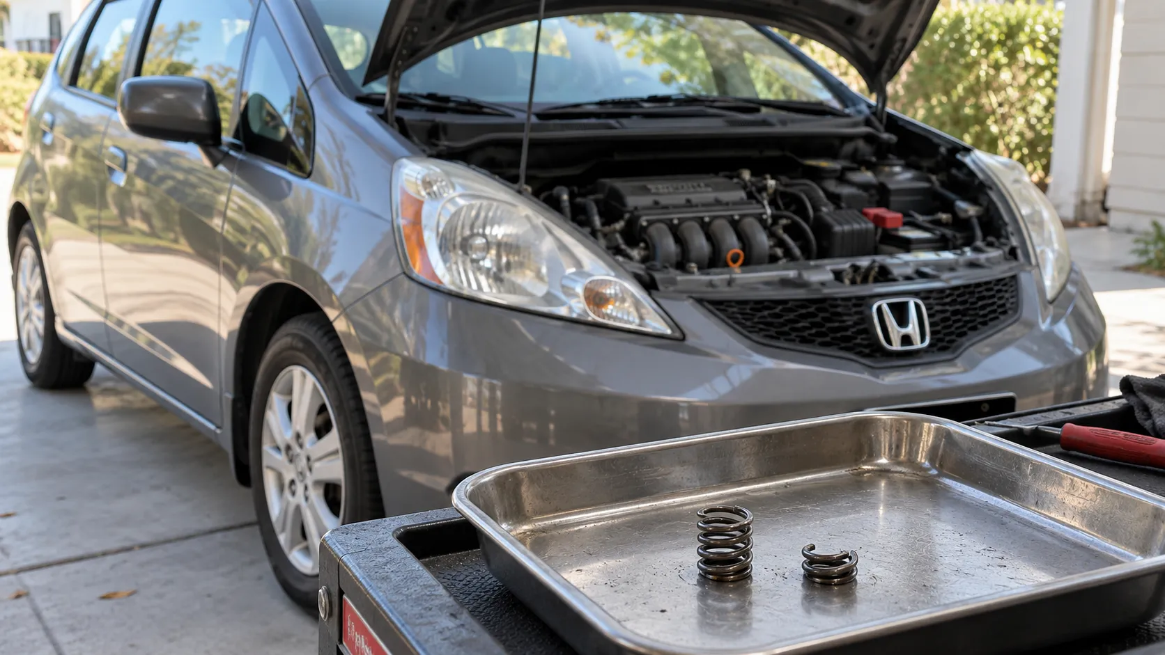 Пружина и её фрагмент на подносе возле Honda Fit