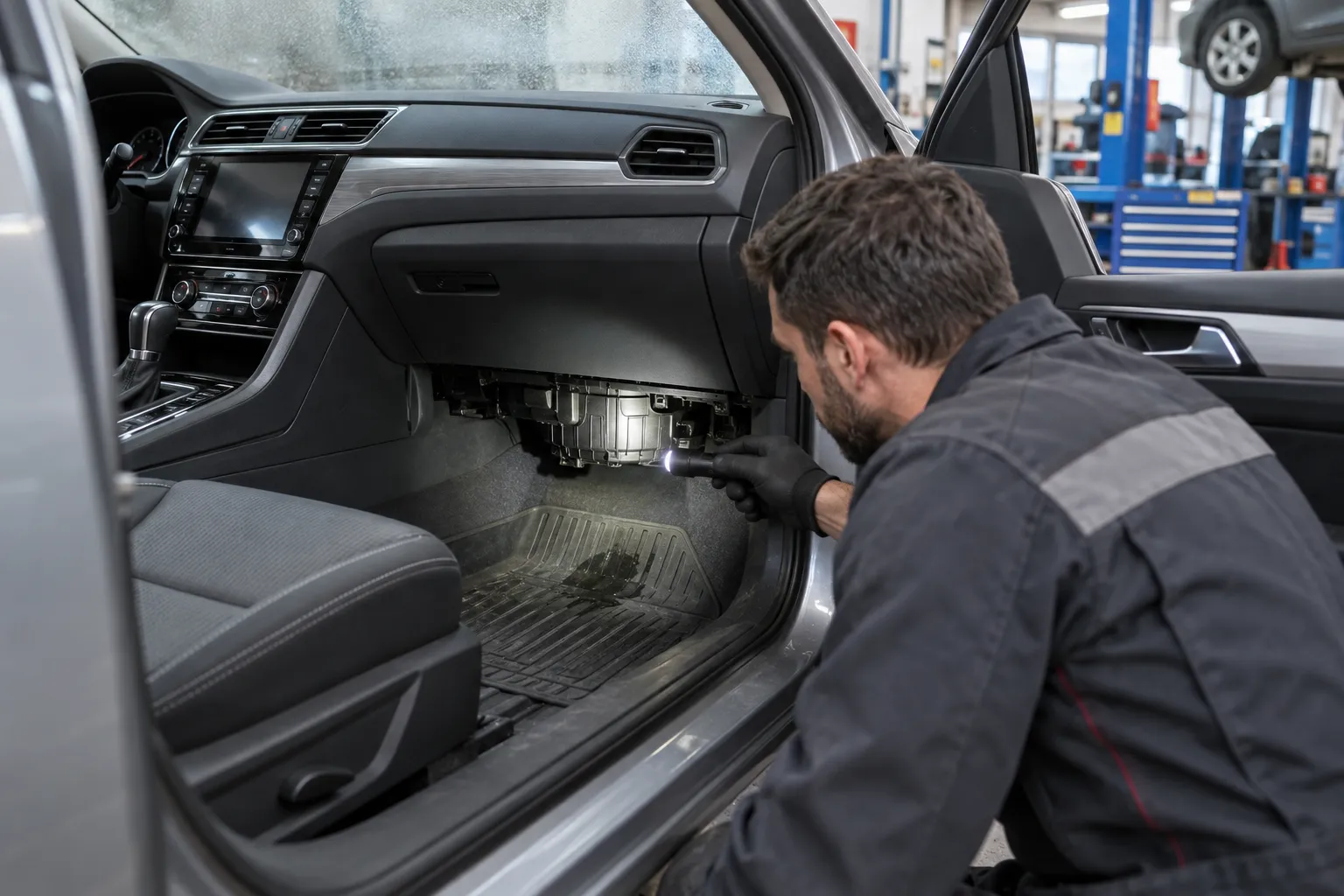 Осмотр зоны отопителя под панелью автомобиля с фонарём