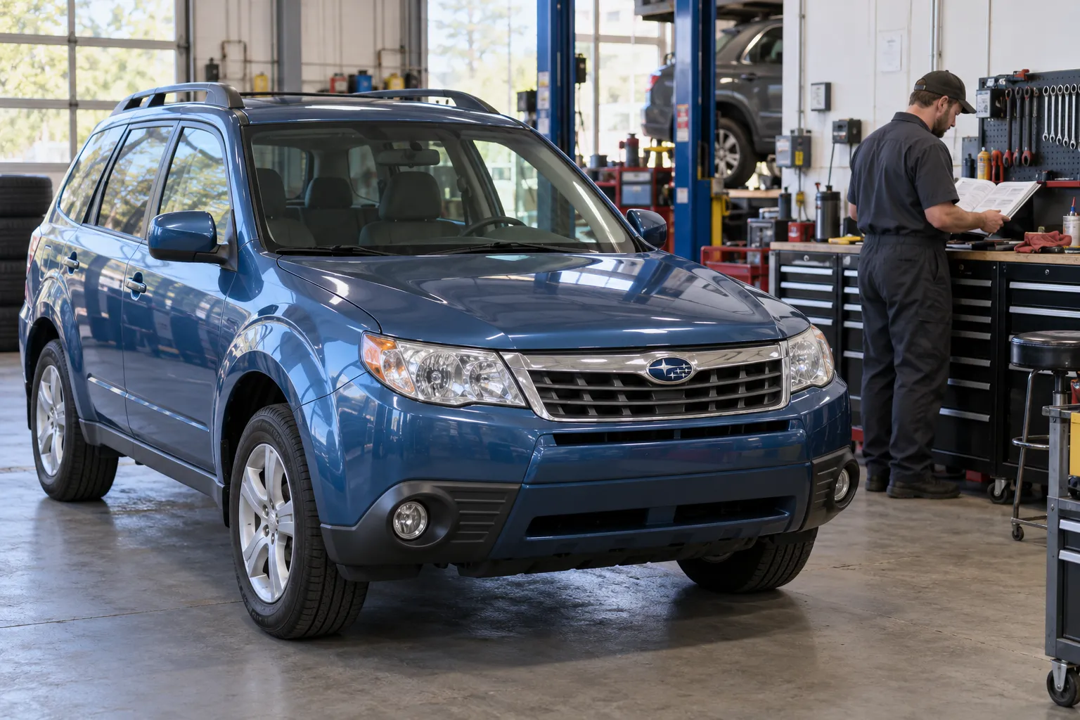 Subaru Forester в мастерской и специалист с техническим руководством