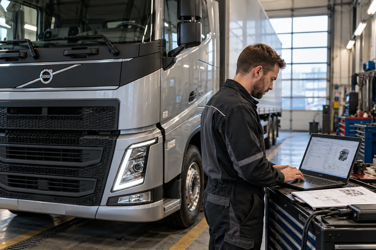 Мастер работает с диагностическим ноутбуком рядом с грузовиком Volvo