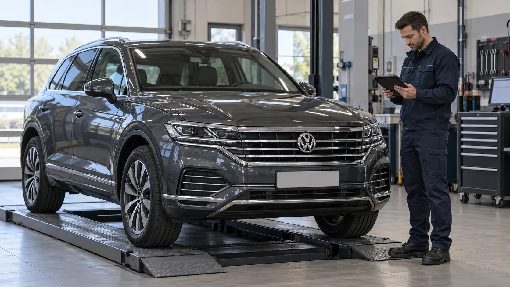 Специалист с диагностическим планшетом возле Volkswagen Touareg III на сервисной платформе