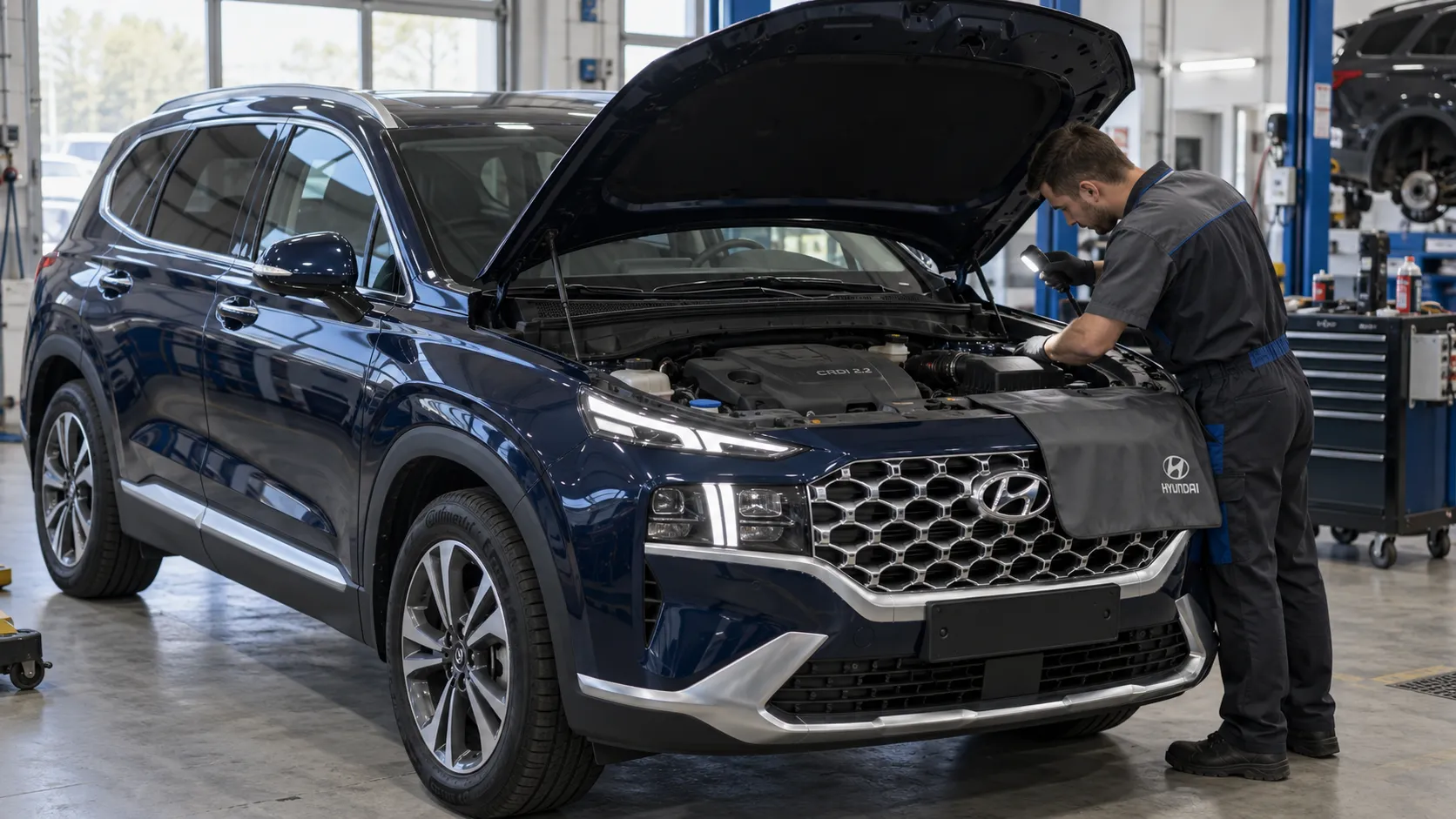 Hyundai Santa Fe Smartstream D2.2 при подготовке к обслуживанию двигателя