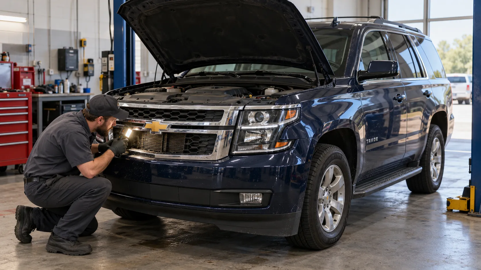 Осмотр теплообменника Chevrolet Tahoe четвёртого поколения с помощью лампы