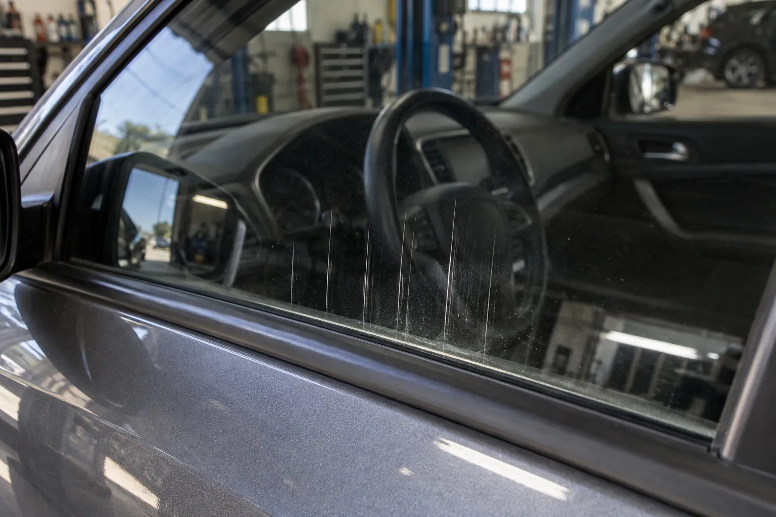 Тонкие вертикальные царапины на боковом автомобильном стекле возле нижнего уплотнения
