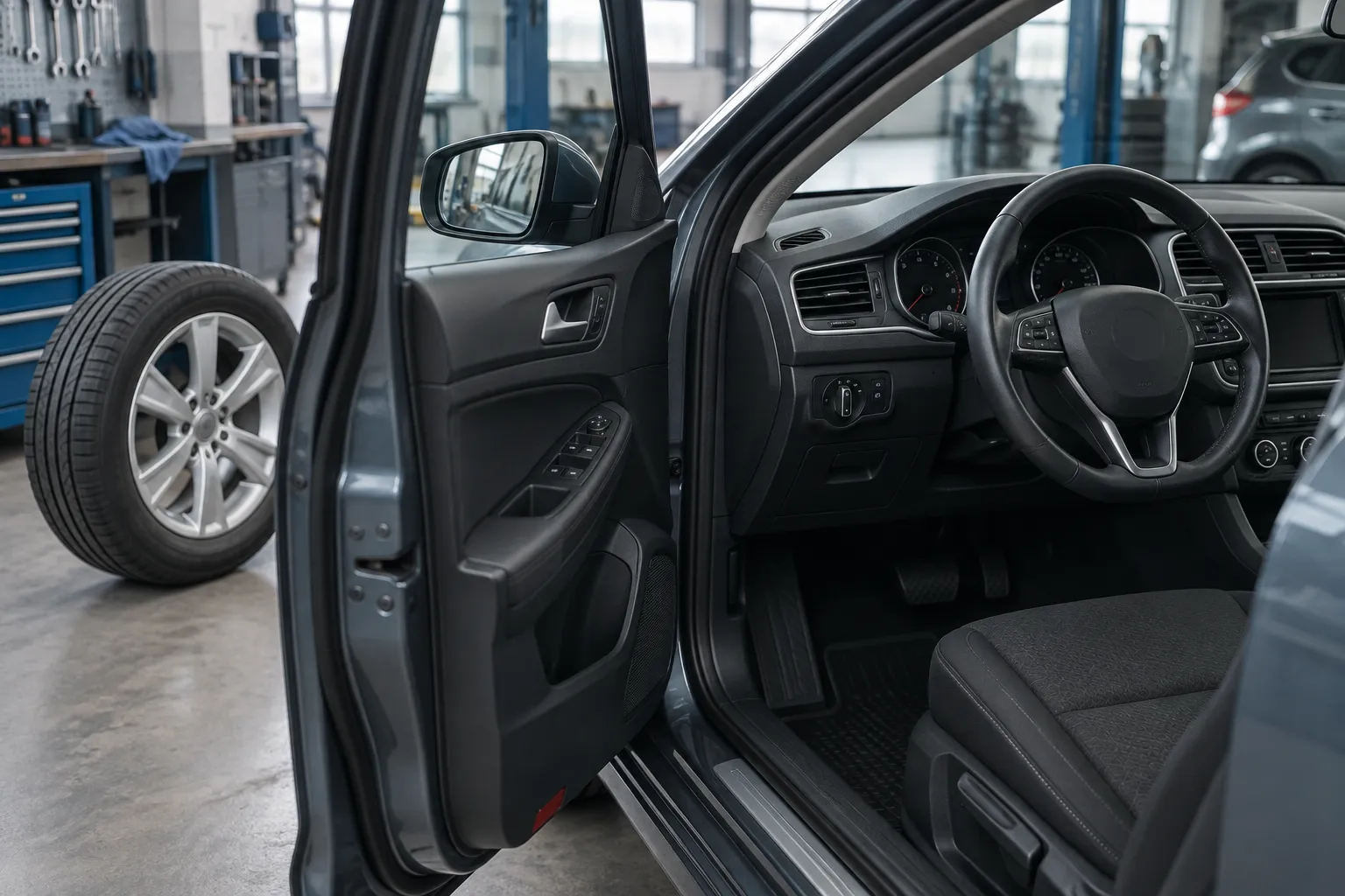 Приборная панель автомобиля и отдельное колесо рядом с открытой дверью