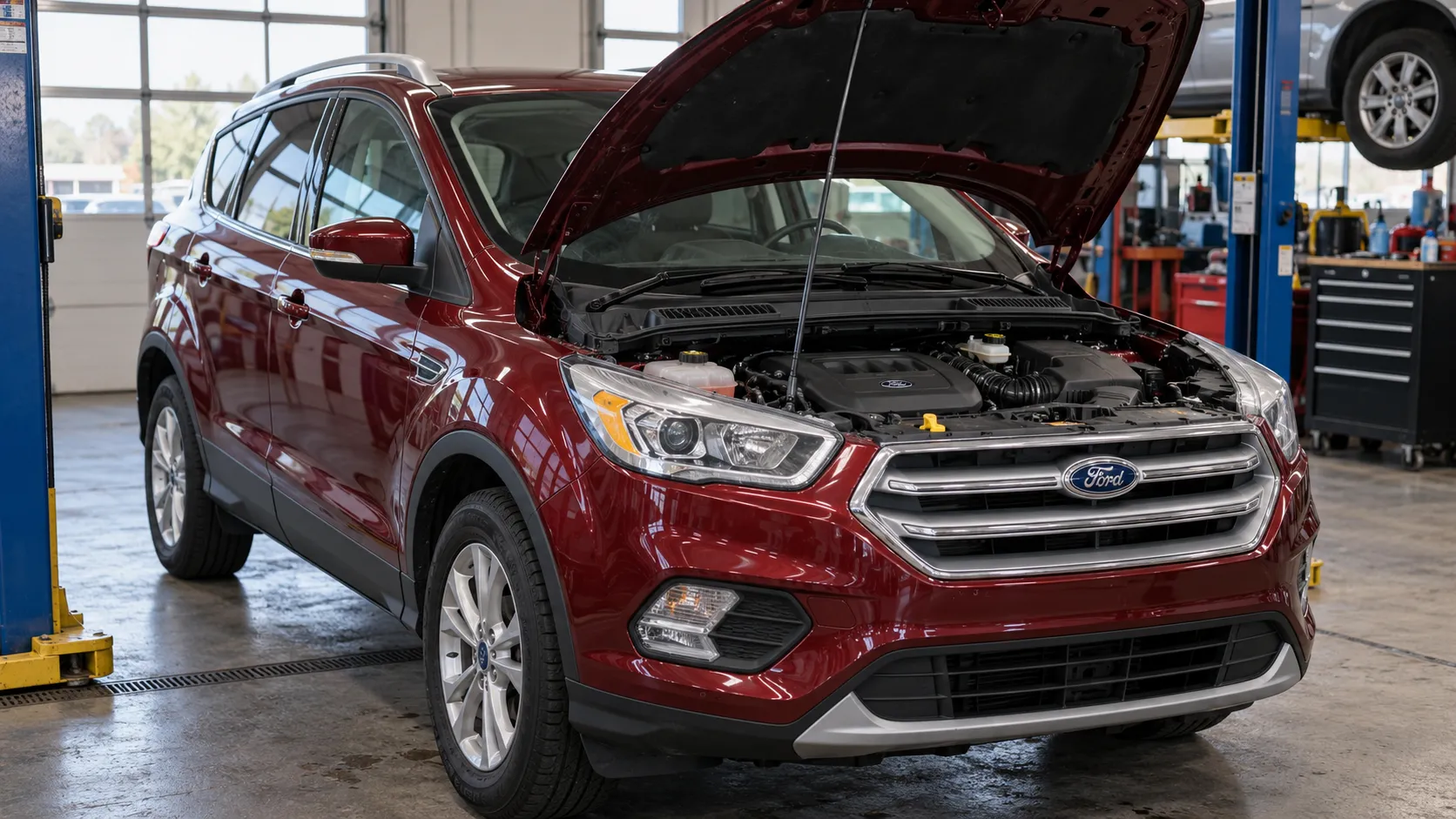 Ford Escape с открытым капотом в сервисе