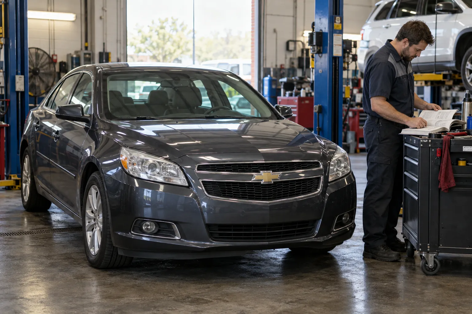 Мастер изучает руководство рядом с Chevrolet в сервисном боксе