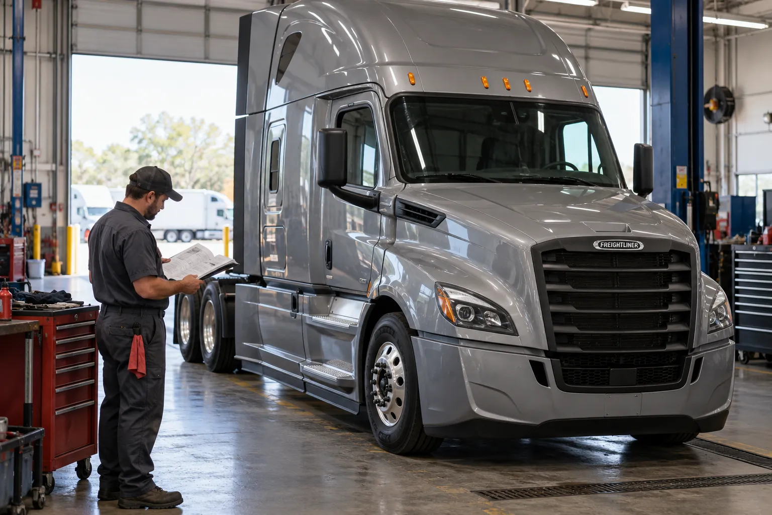 Грузовик Freightliner в ремонтной мастерской