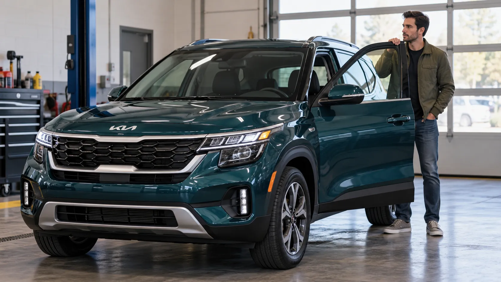 Владелец у открытой двери Kia Seltos в мастерской