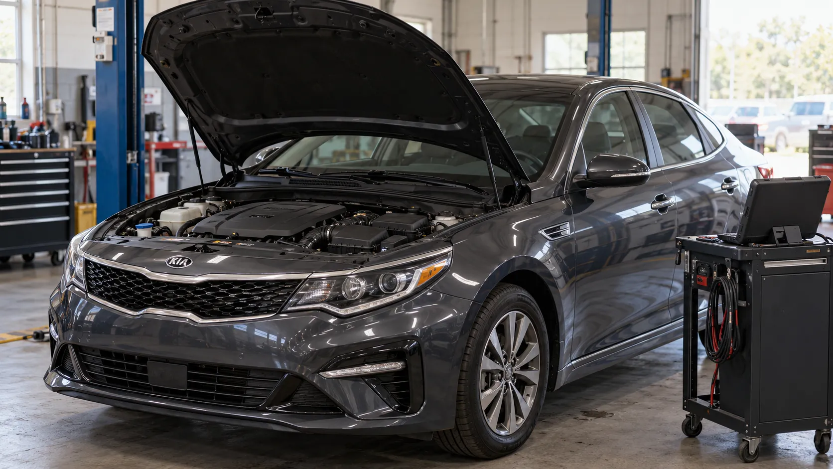 Kia Optima с открытым капотом в сервисном боксе