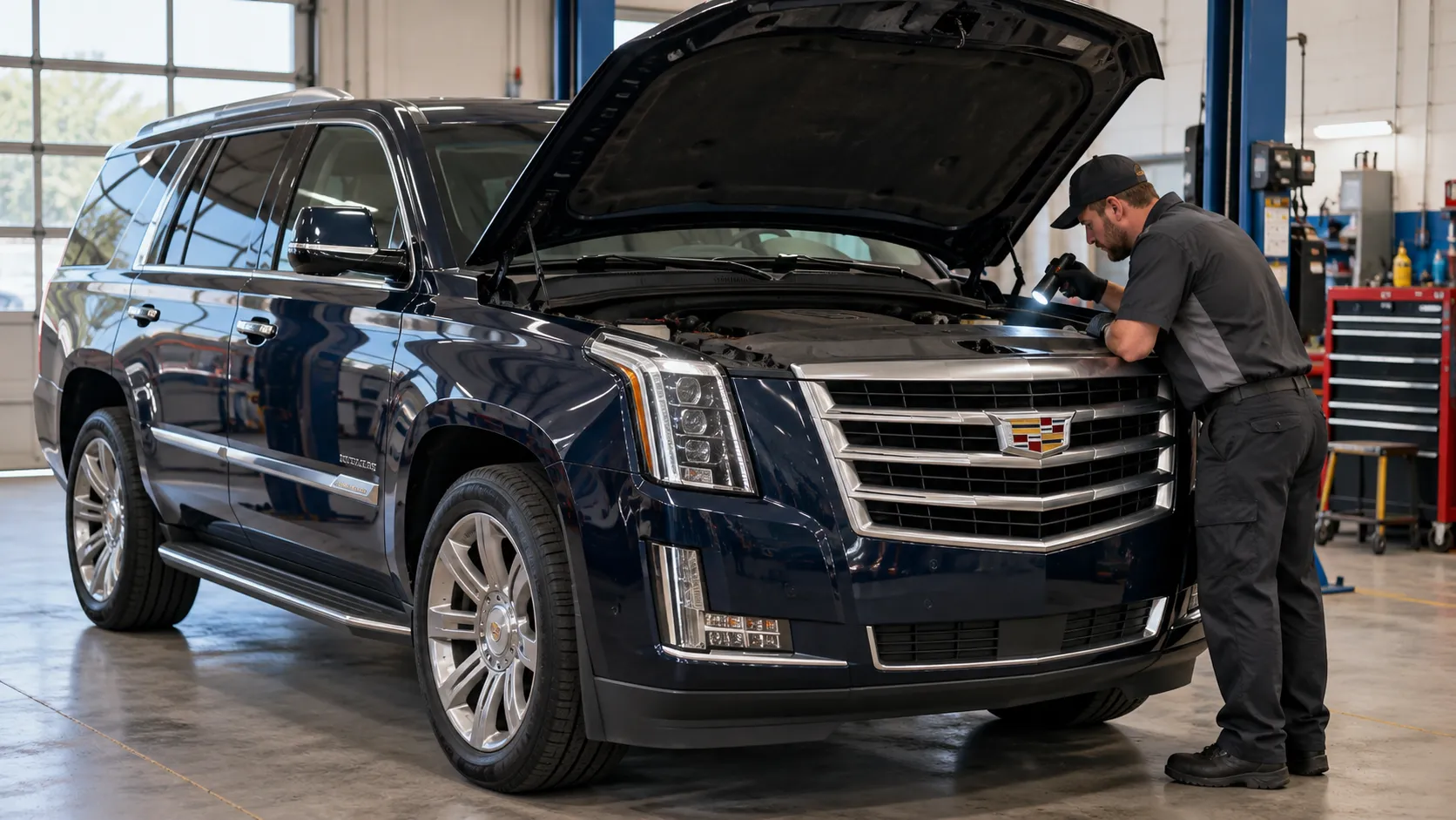Механик осматривает подкапотную зону Cadillac Escalade четвёртого поколения с фонарём