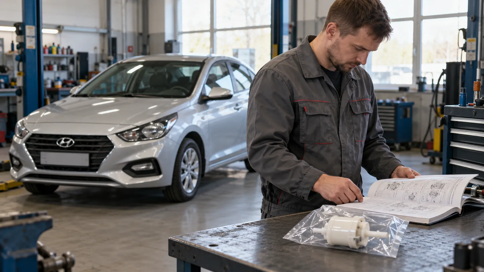 Специалист сверяет документацию и топливный фильтр для Hyundai Solaris II